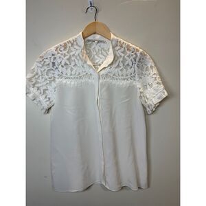 Alexis Women's Size XS White Lace Floral Button Up Top Short Sleeve
